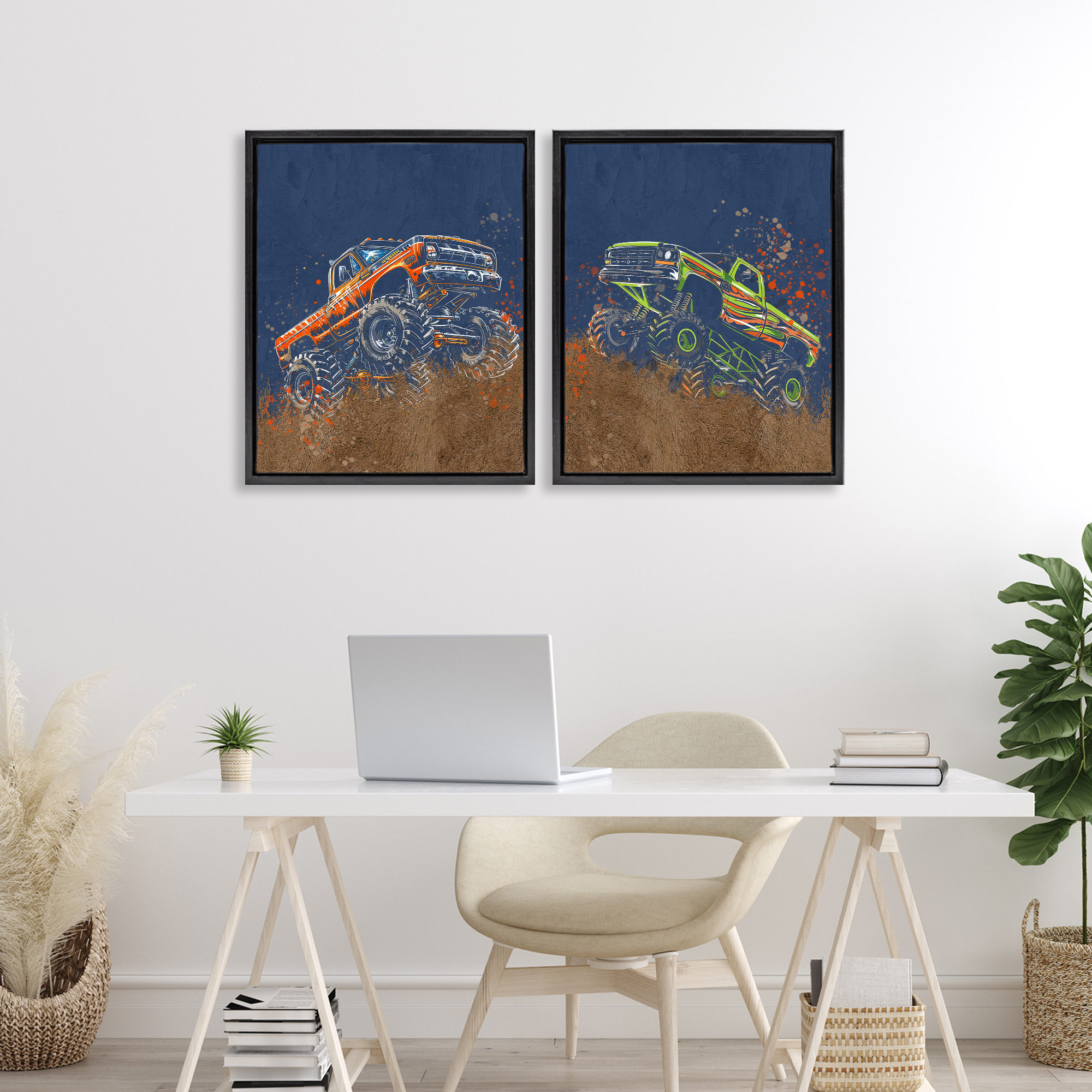 Monster Truck Jam 2 Piece Black Framed Floater Canvas Set, design by Kim Allen