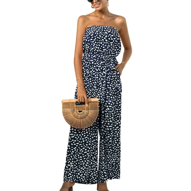 Women's Jumpsuit-Casual Off Shoulder Sleeveless Ruffle Button Belt Wide Leg Jumpsuits Rompers Summer