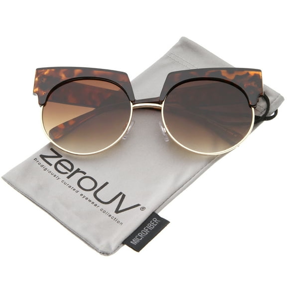 zeroUV Female Oversize Bold Brow Wide Temple Round Lens Half-Frame Cat Eye Sunglasses 57mm (Tortoise-Gold / Amber) - 57mm