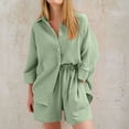 thumbnail image 2 of Bixock Women's 2 Piece Casual Set,Short Sleeve Shirt Shorts Outfits,Lapel Collar Long Sleeve Top Linen Solid Outfit Set, 2 of 5