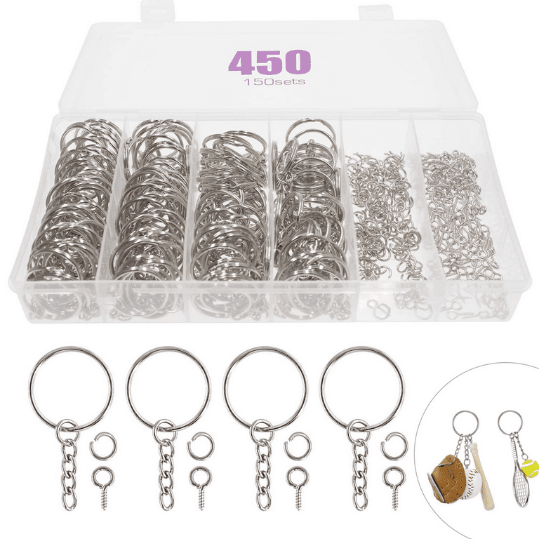 Key rings, 150 pieces of key ring with chain, 150 open jump rings and 150  screw eyes, with 1 organizer box, for DIY crafts and jewelry making