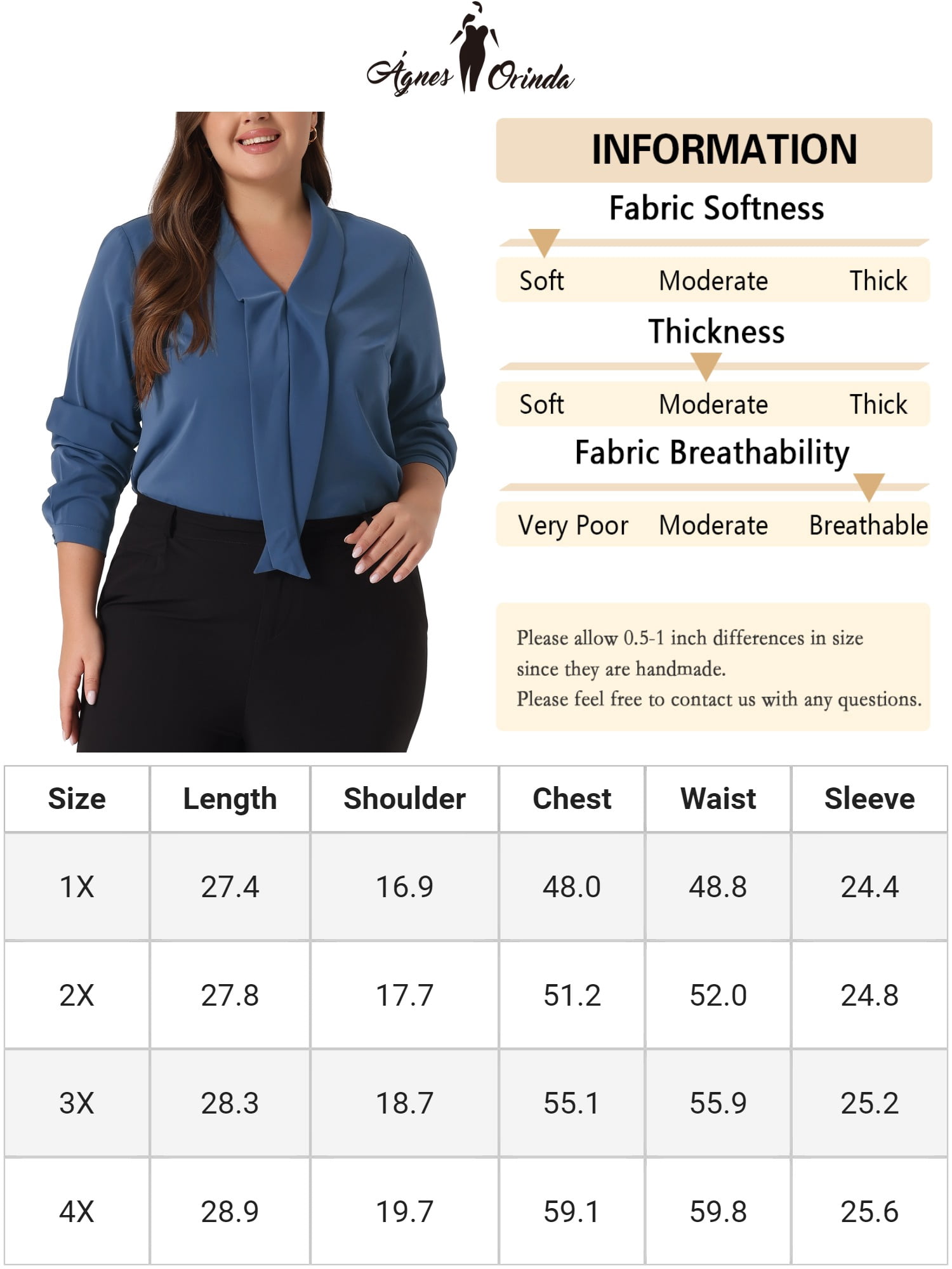 DARING DIVA Women's Plus Size Long Sleeve Tie V Neck Chiffon Blouse 2X Blue