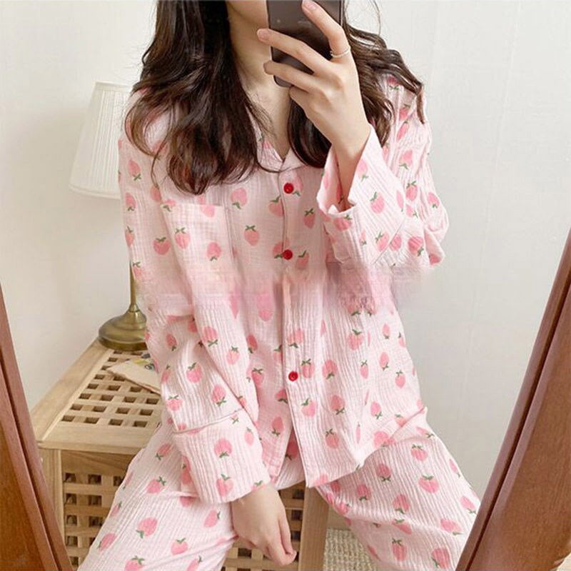 CoCopeaunt Cotton Sets Strawberry Print Sleepwear Women Kawaii Loungewear Pink Pijamas Cute Pyjamas Long Sleeve Home Clothes - Walmart.com