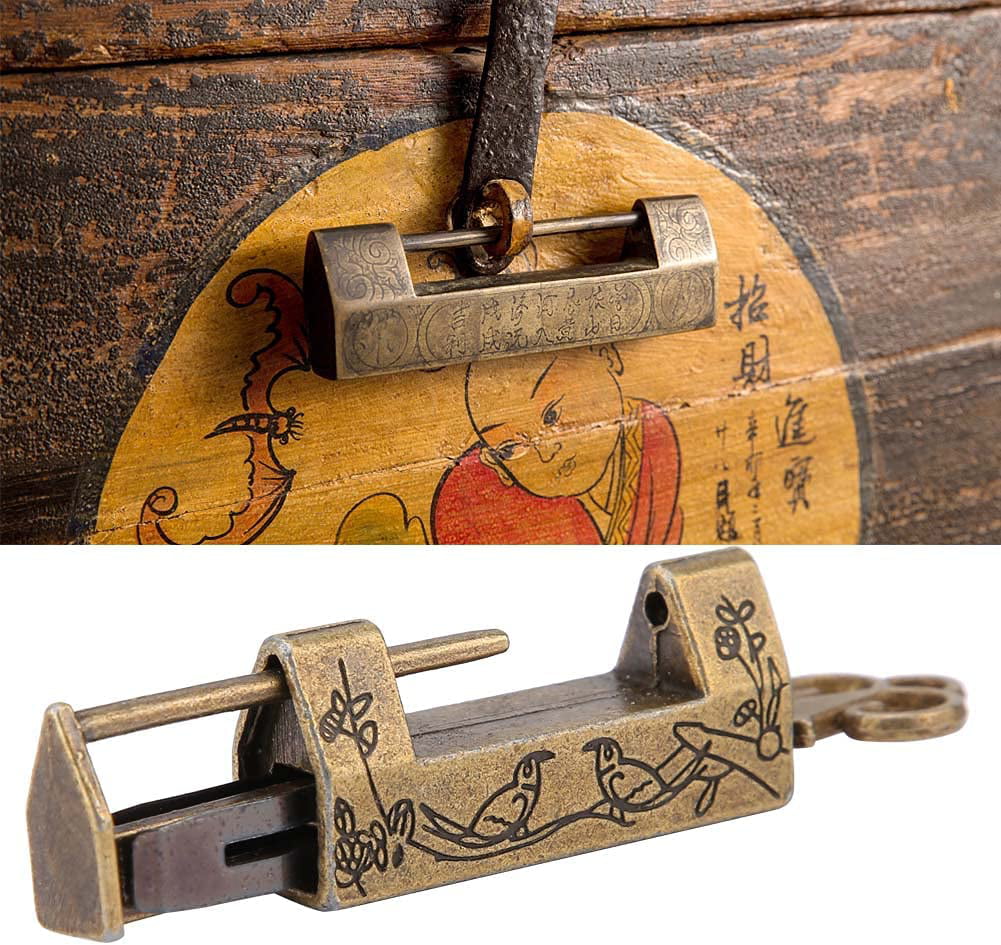 Retro Chinese old style Carved bird padlock lock/key 