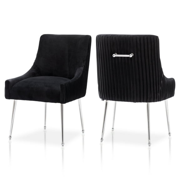 SEYNAR Modern Pleated Velvet Dining Chairs Set of 2, Tufted Upholstered Side Accent Kitchen Chair with Silver Legs for Living Room(Black)