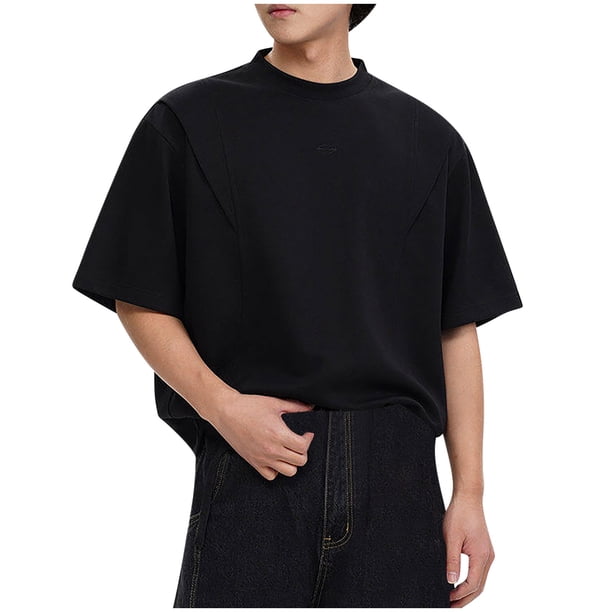 Blusas y camisas de manga corta y cuello redondo para hombre, blusas casuales de color liso con cuello redondo y mangas cortas para hombre.