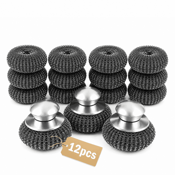 12 Pcs Steel Wool Scrubber,Stainless Steel Scrubber Set with 3 Ergonomic Handle Holders,Steel Wool Pads & Metal Scrubber Scouring Pads for Cast,Pots,Pans,Grill,Stove & Sink