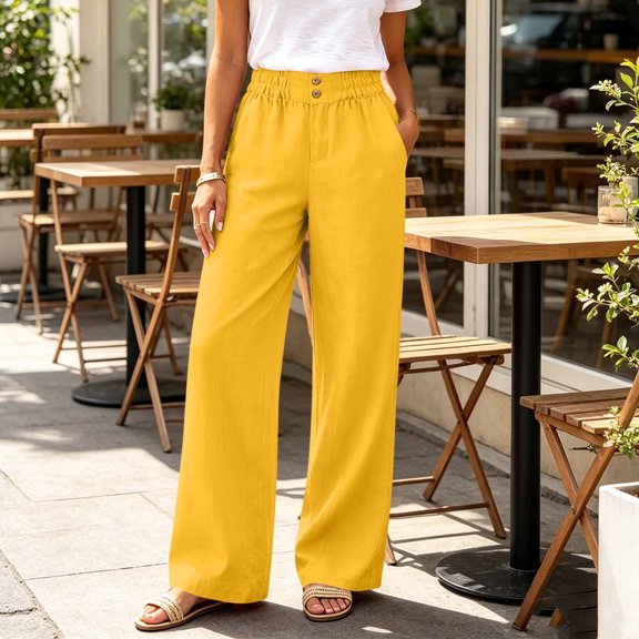 IUYRTFE Women Solid Color Elastic Waist Straight Leg Pants with Pockets for Casual Daily Wear