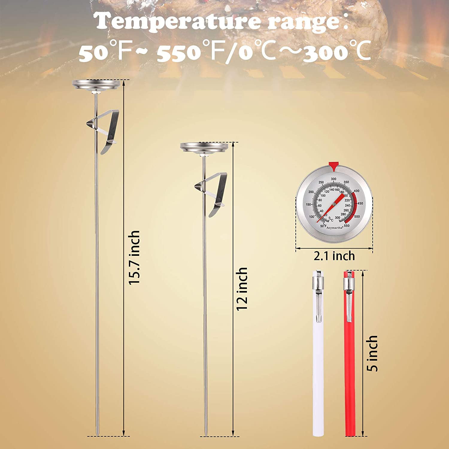 Beef Lamb 2 Pieces Deep Fry Thermometer Instant Read 2.1 Inch Dial Thermometer 12 and 15 Inch Stainless Steel Thermometer with Metal Retaining Clip and 4 Pieces Plastic Sleeve for Turkey Grill BBQ 
