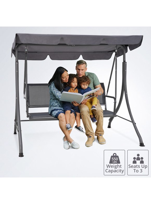 Outdoor Patio Canopy Swing Chair w/Textilene Breathable 3 Seat, Canopy Porch Swing w/Adjustable Shading