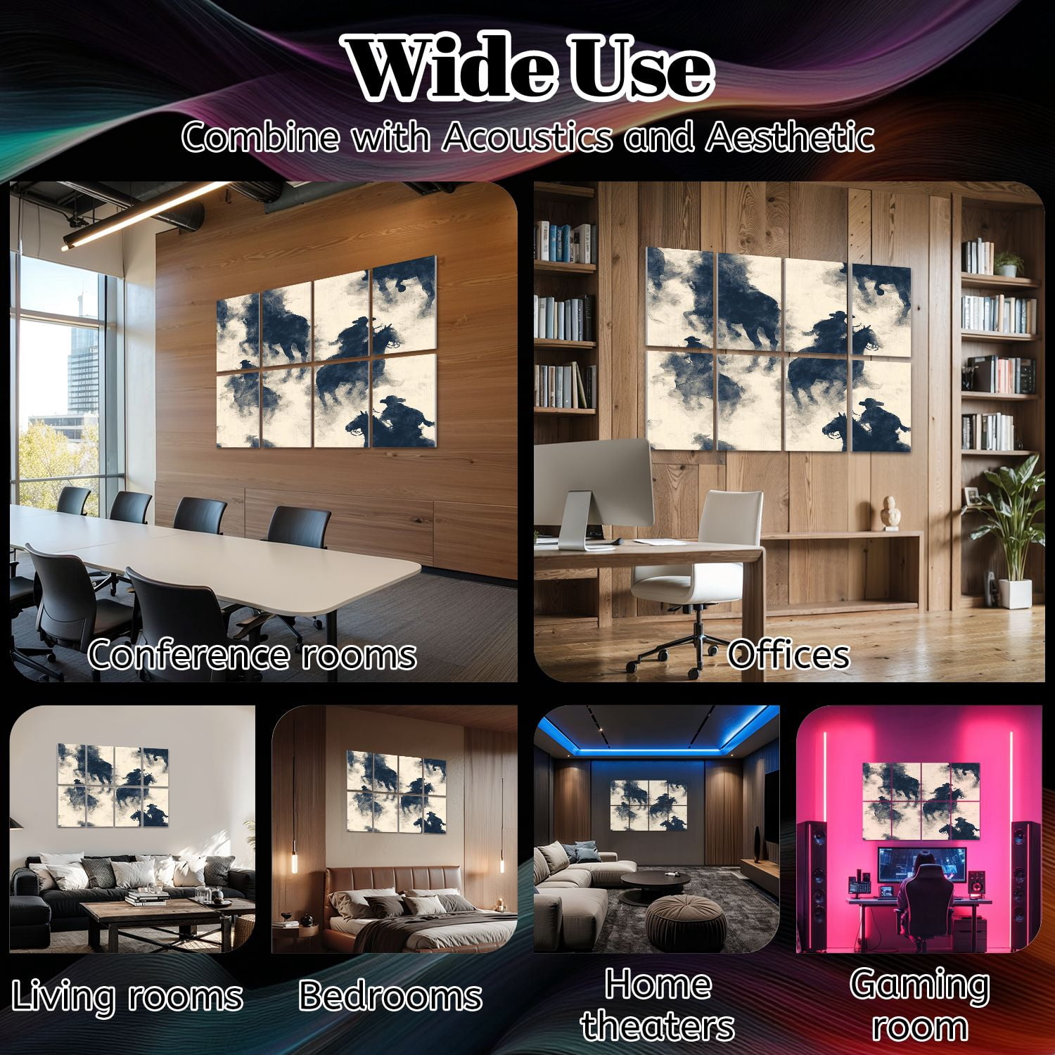 8 Pack Art Acoustic Panels Sound Absorbing Cowboy Riders Misty Desert Decorative Soundproof Wall Panels Self Adhesive for Nursery Game Room Bedroom 48"x32"