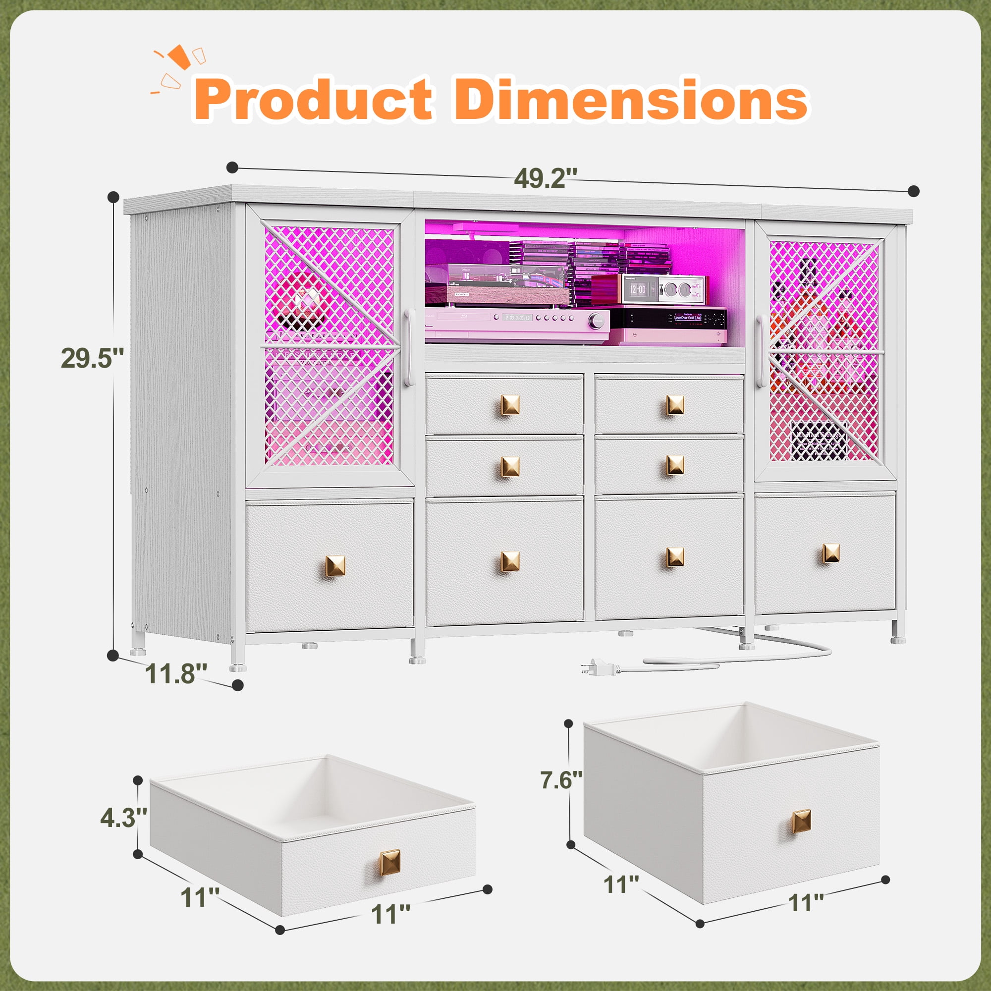 Romorgniz White Dresser for Bedroom with 8-Drawers,TV Stand for 60"TV with LED Lights & Power Outlets,Mesh Door