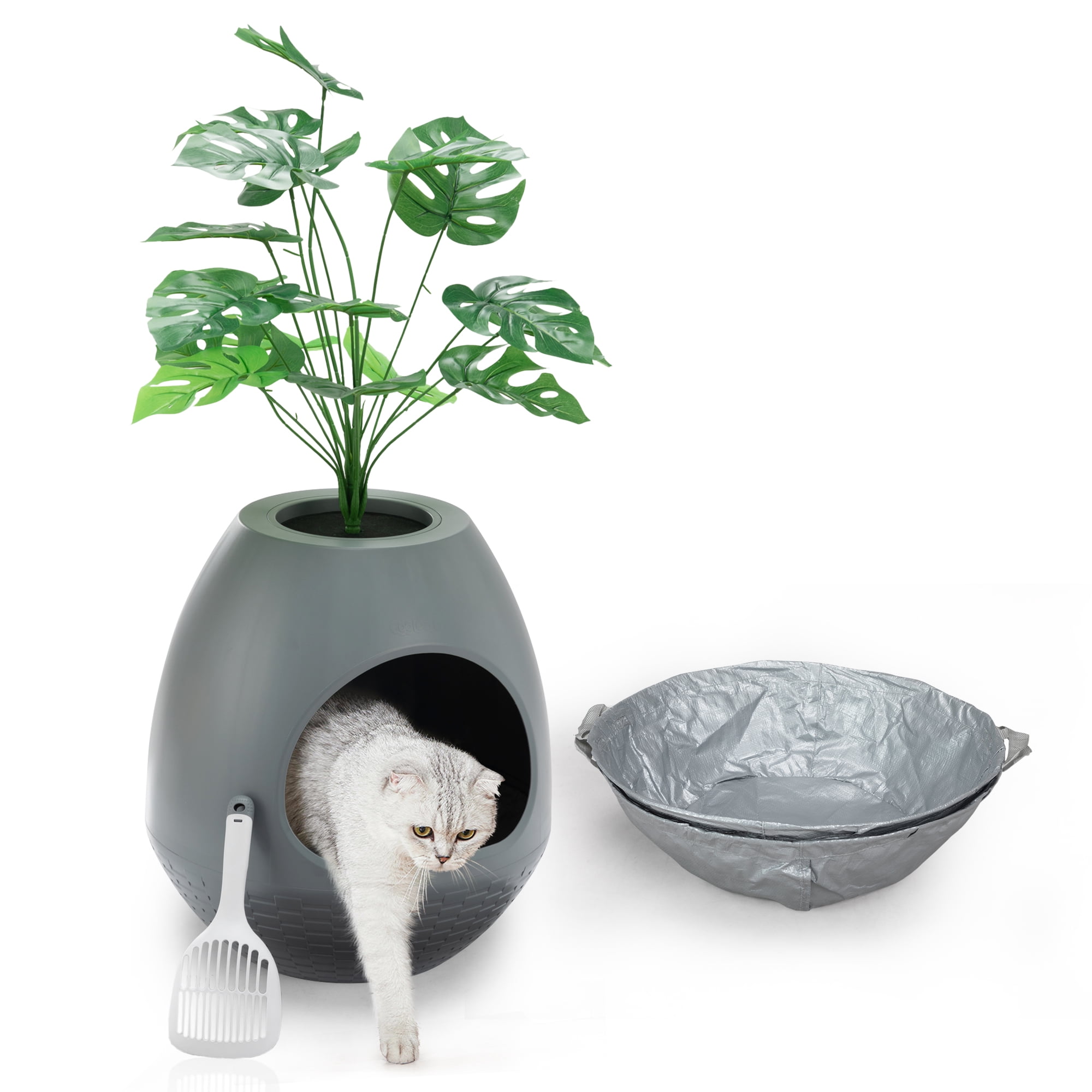Eggloa6 Cat Plant Litter Box Set With Artificial Plants, Attached Scoop, Replaceable Litter Box Liners, Hidden Cat Litter Box Furniture, Gray