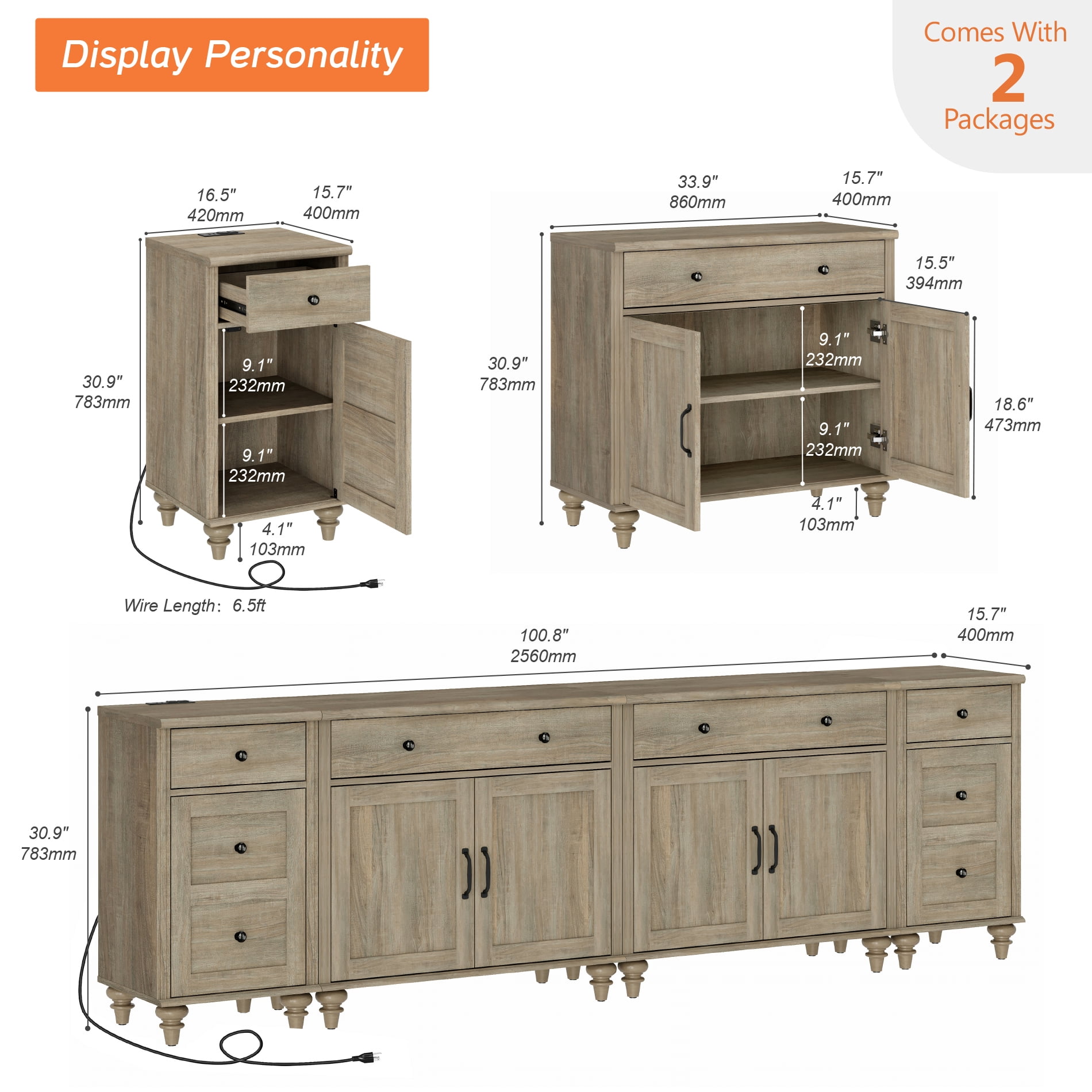 WAMPAT TV Stand for 100 Inch TV, 4-in-1 TV Console Table for 75/80/85/90 Inch TV, Farmhouse Entertainment Center with Charging Station, Kitchen Sideboard Buffet Cabinet for Dining Room, Wash Grey