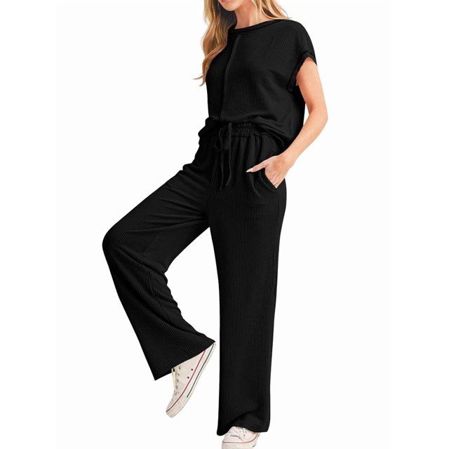 Conjunto Informal de Dos Piezas de Punto Acanalado para Mujer, Camiseta de Corta y Pantalón , Ideal para el Hogar y para Viajes Negro L