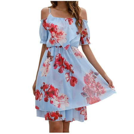 

Dresses for Women Black Dress Women s Summer Chiffon Print Off-the-Shoulder Dress Beach Dress Sun Dress Mini Dress on Clearance Dresses for Women Flower Girl Dress Blue XL
