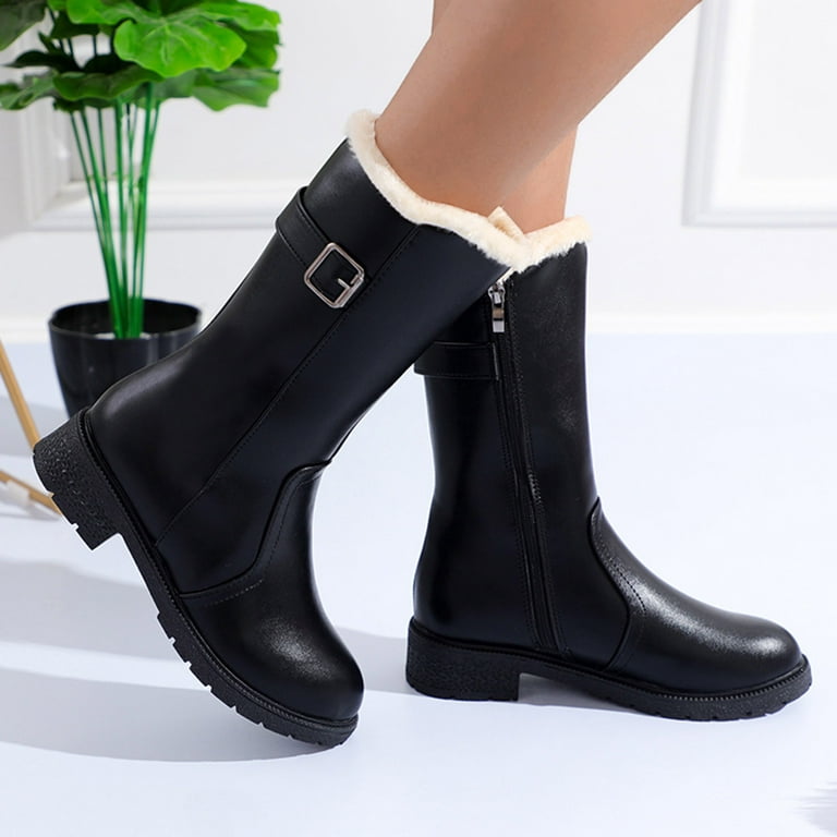 PMUYBHF Heel Boots Wide Feet Ladies Fashion Solid Color Leather Plush  Cotton Boots Side Zipper Thick Heel Medium Boots Pull-on Womens Fall Boots  2023 Slim Calf 