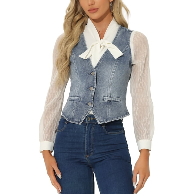 INSPIRAR CHIC Chaleco de Mezclilla para Mujeres Cuello en V Abotonado Casual Talla XS Azul Polvoriento