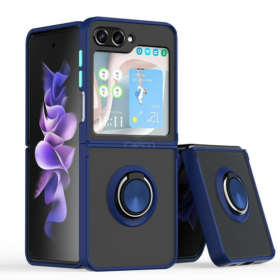 For Samsung Galaxy Z Flip 5 Impact Metal Ring Holder Stand Magnetic Car Mount Protective Hybrid Case Cover Blue