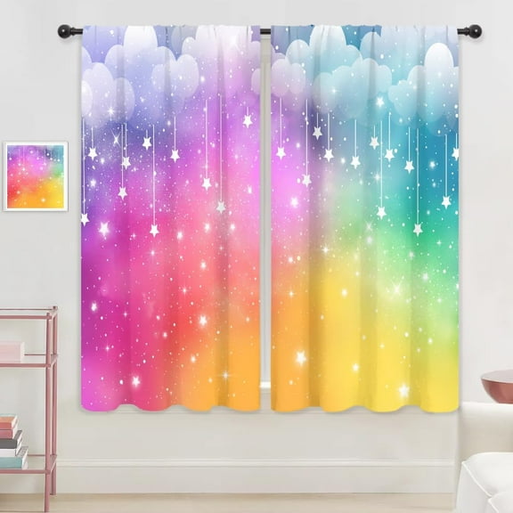 Colorful Rainbow Curtains Kids Girls Cute Clouds Pastel Ombre Starry Sky Stars Girly Aesthetic Rod Pocket Multicolor Princess Bedroom Living Room Treatment Fabric 2 Panels 42Wx63H Inch
