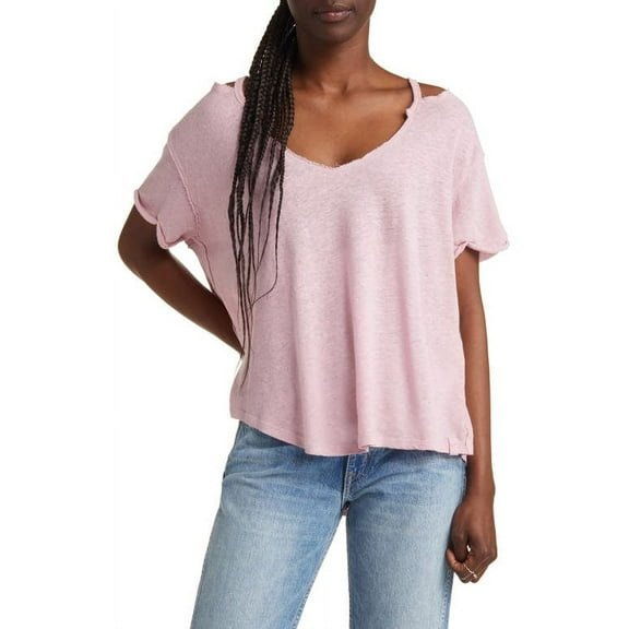 Free People Women's Cropped T-Shirt Lightweight Distressed Short Sleeve V-Neck