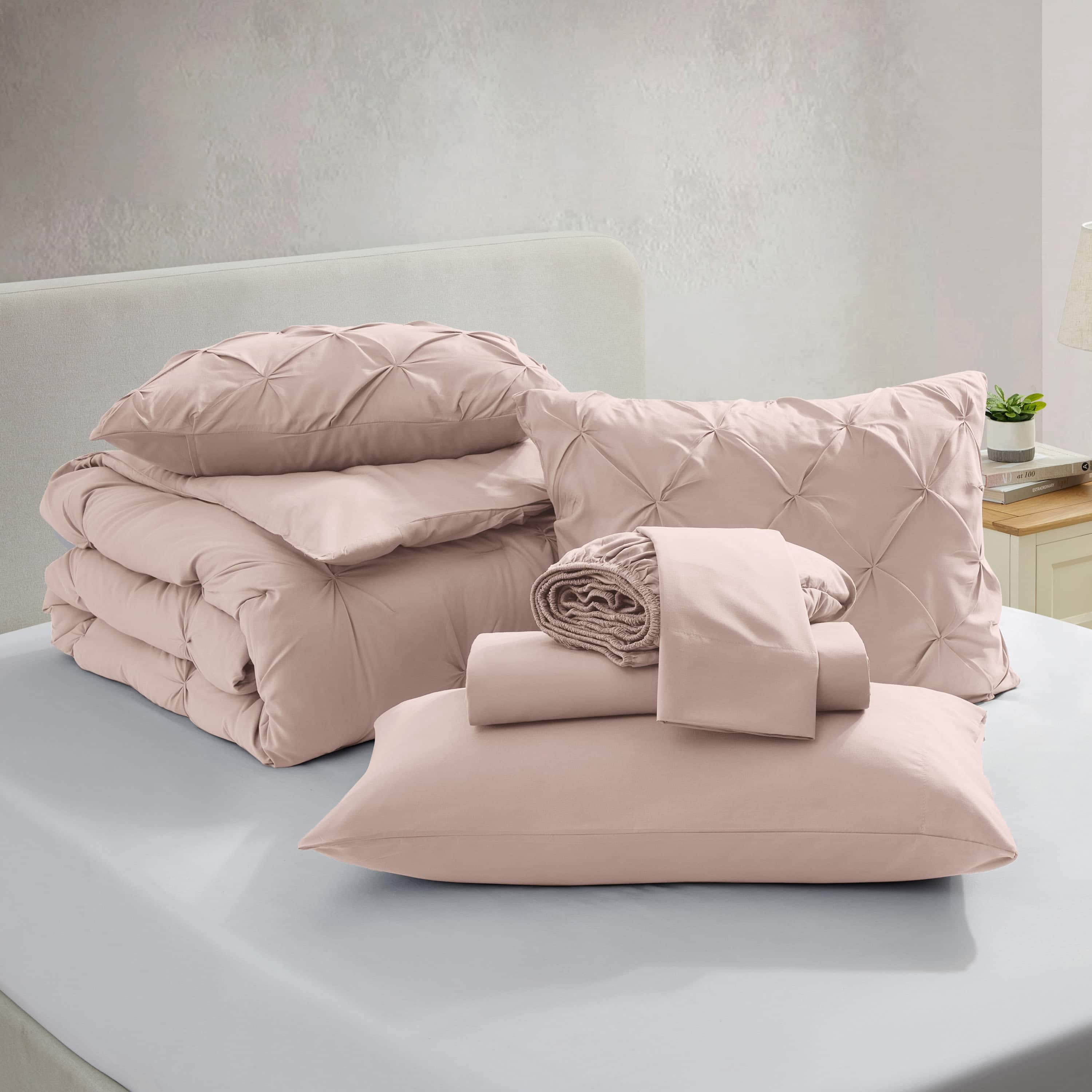 LammaLoe Twin XL Comforter Sets, 5 Piece Bed In A Bag Pintuck Bedding Sets, Peach Beige