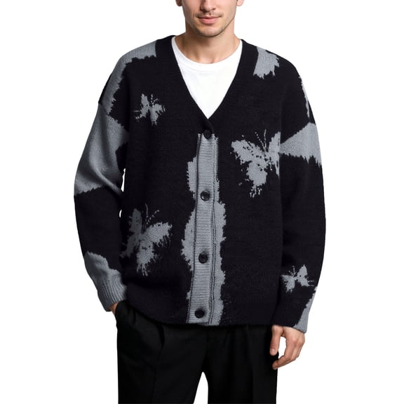 DHFJKG Mens Knitted Cardigan Sweaters Butterfly Graphic V Neck Button Down Long Sleeve Loose Fit Knitwear Jacket Fall Winter Casual Outerwear