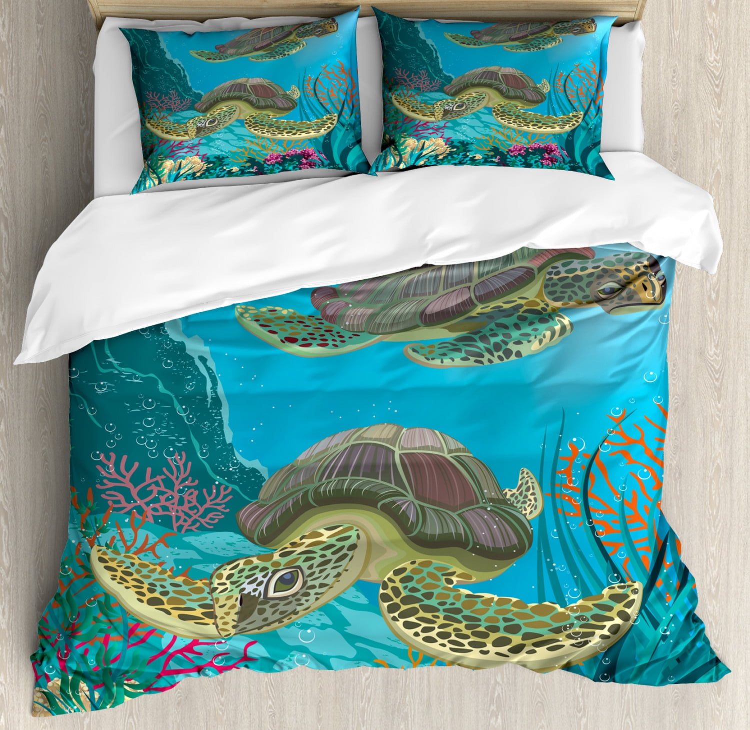Turtle Comforter Set Kids Sea Marine Animal Tortoise Bedding Set Decor Dark Blue Brown Comforter Room Decor 3Pcs Full Size