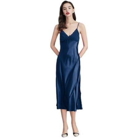 QIUYI Women Silk Satin Nightgown Long Sleepdress V Neck Nightgowns Chemise Lingerie for Ladies Sleepwear Negligee M-3XL