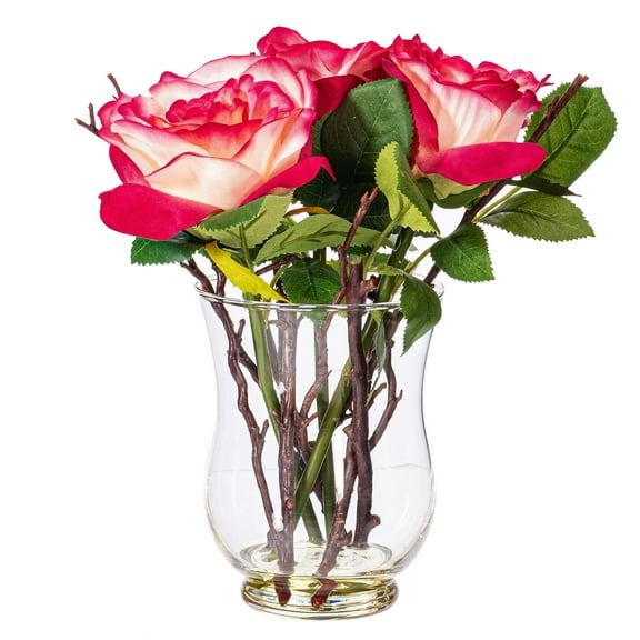 Vickerman 10" Artificial Dark Pink Rose In Glass Vase.