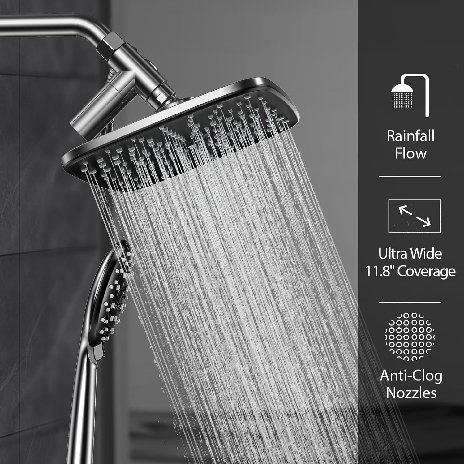 11.8 Inch Rain Shower Head with Handheld- High Pressure Dual Shower Heads with 5 Modes Handheld Spray Combo- Wide Rainfall Showerhead with Hose, Bathroom Accessories, Christmas Gift, Chrome