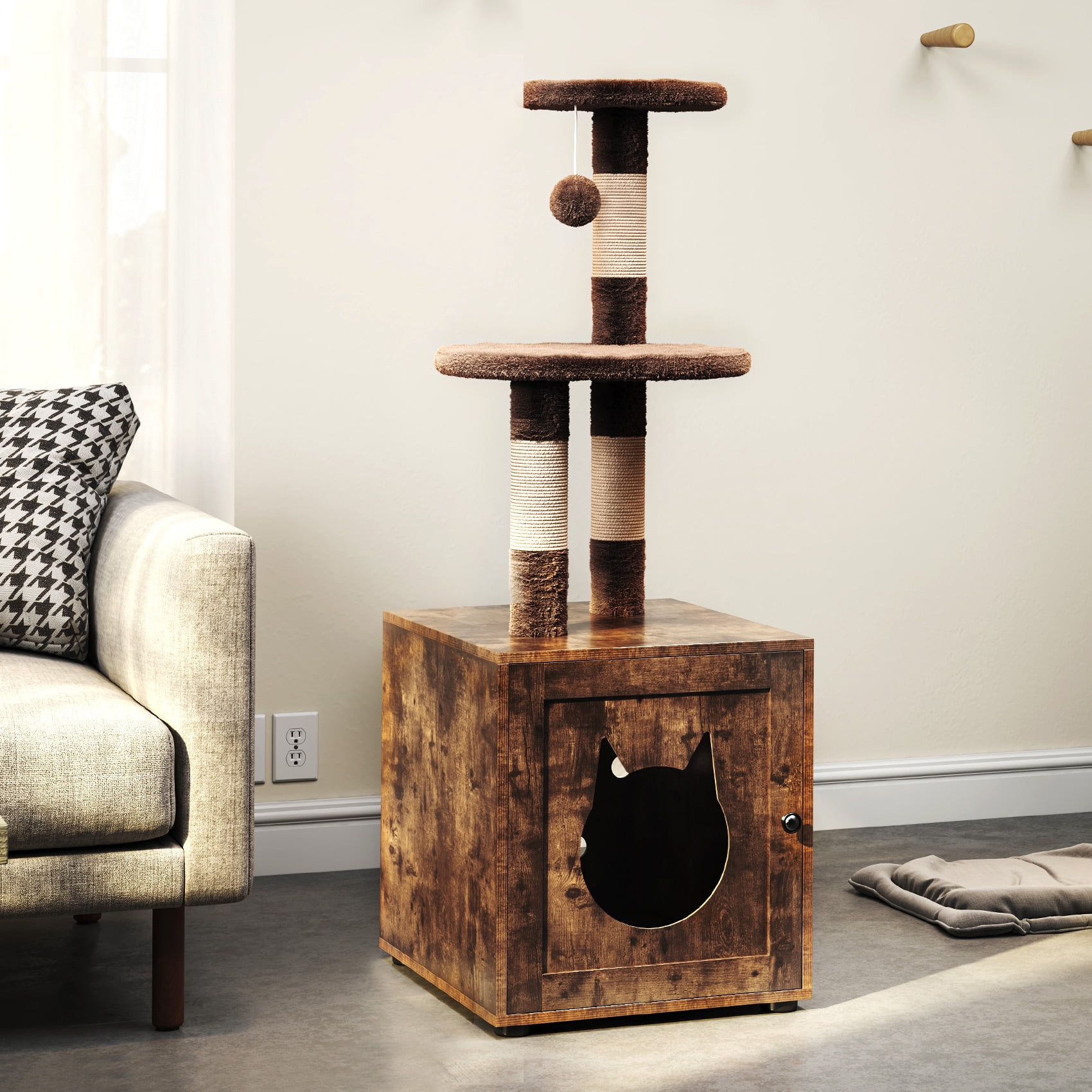 TCHOMENY Litter Box Enclosure with Cat Tree Tower, Hidden Cat Washroom