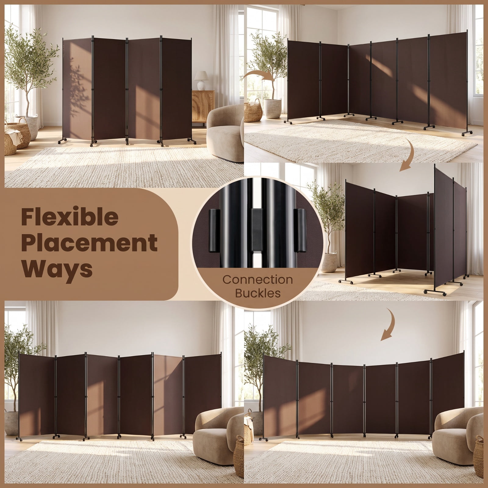 Vebreda 6-Panel Rolling Room Divider Folding Privacy Screen with Lockable Wheels, Freestanding Fabric Partition for Bedroom Office Studio, Coffee