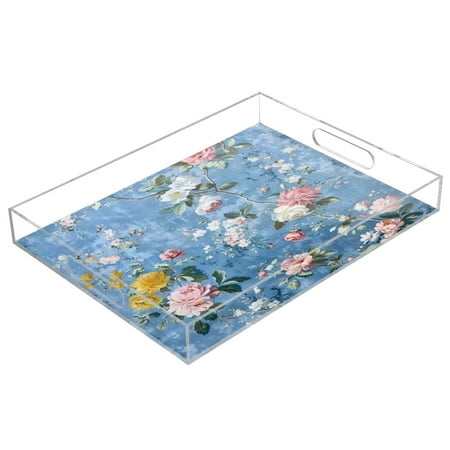 

Acrylic Tray 15.7*11.8*1.9 Inch Transparent Tray Food Tray Tea Cup Tray Serving Trays Cosmetics Storage Kitchen Table Bathroom Sundry Storage Pink Wildflowers
