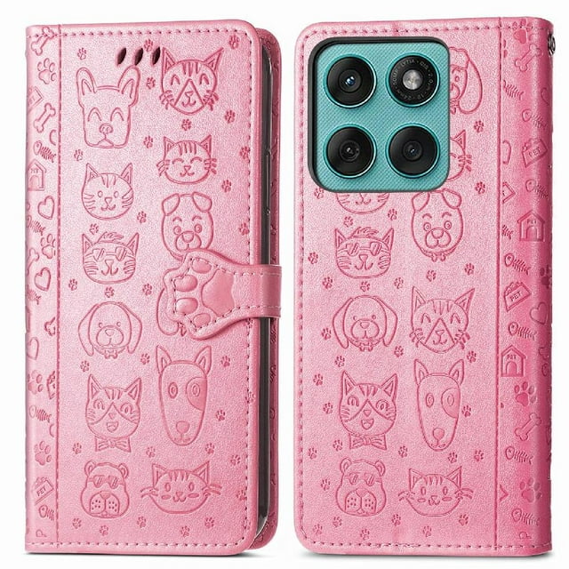 Funda Cartera FOXDOCK para Motorola Edge 60 Fusion , Flip PU con Relieve de Gatos y Perros, Tarjetero y Soporte