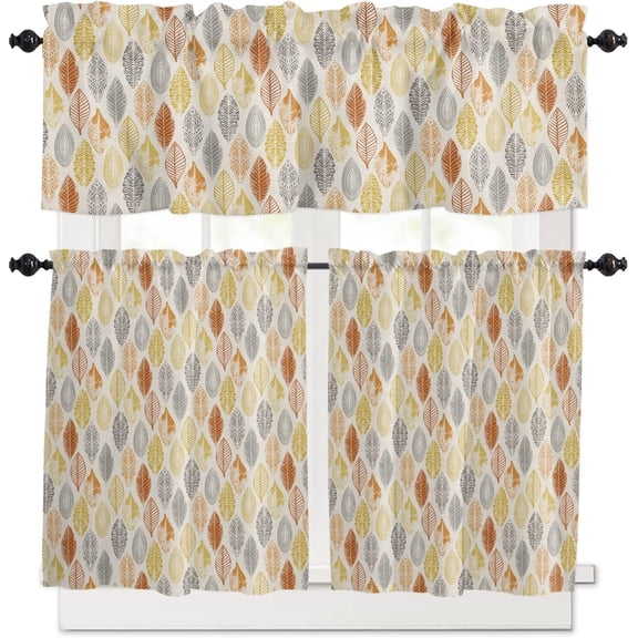3 Piece Retro Boho Yellow Orange Leaves Kitchen Curtains, Tier and Valance Rod Pocket Window Curtains Set Bohemian Abstract Cafe Curtains for Kitchen Valances Window Treatment 54X18in 27x24in×2