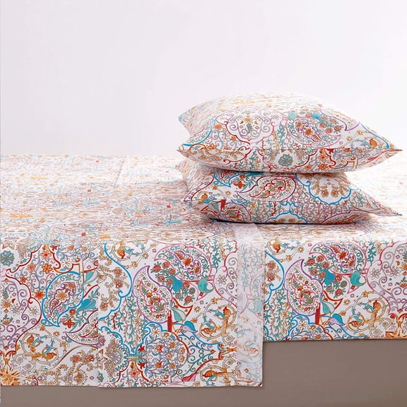Boho Bed Sheets   Size Set Turquoise Orange Paisley Pattern Deep Pocket 4-Piece Aesthetic Bedding