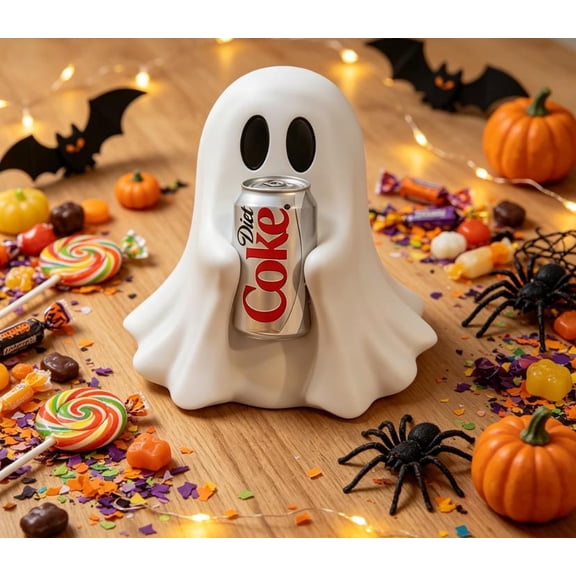 2026 New Cute Spooky Ghost Beverage Can Holder Figurine, Ghost Holding Soda Can Tabletop Decor, Novelty Halloween Ornament for Desk, Bar, Home Party & Office Display