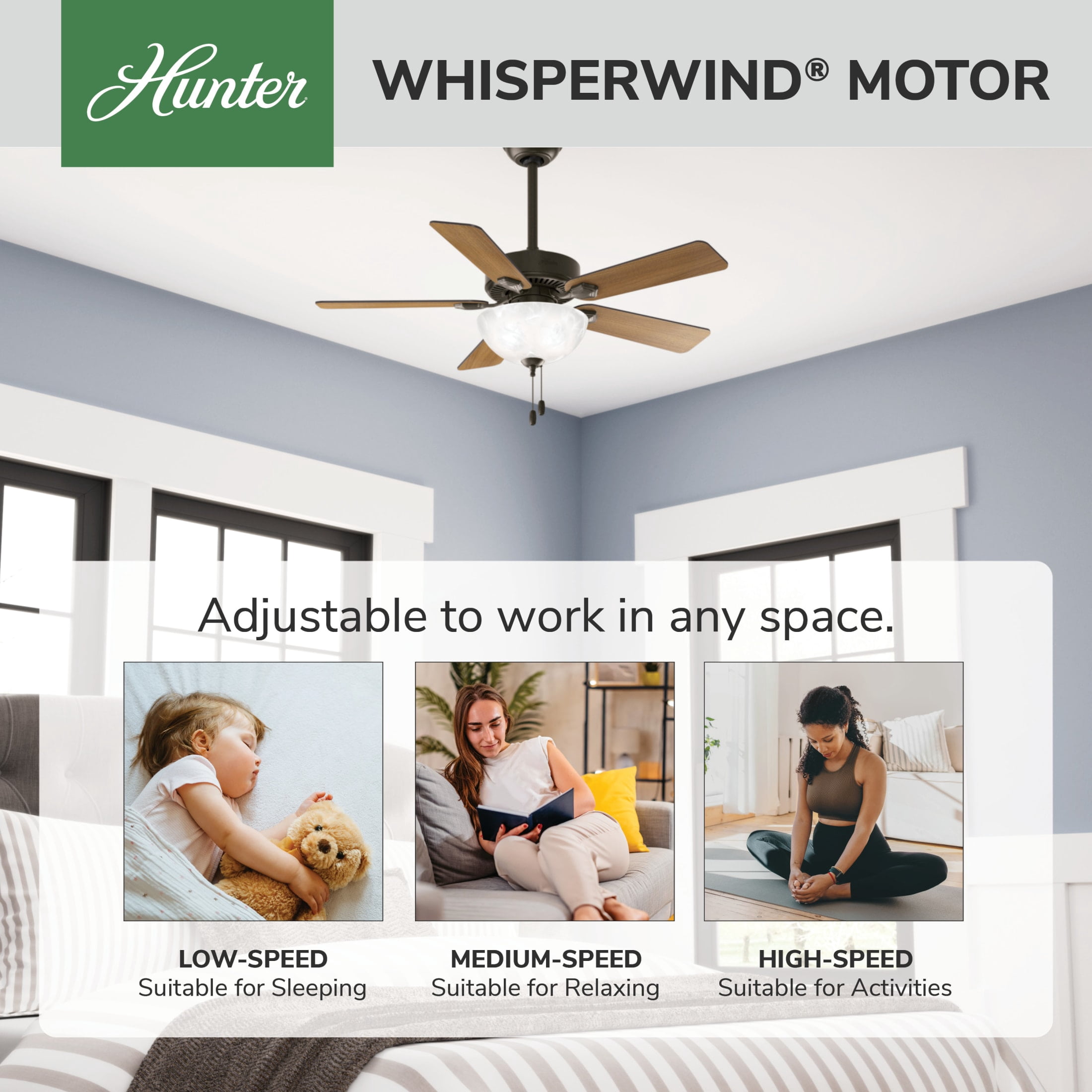 Hunter 44 inch Indoor Ceiling Fan with LED Light - Bronze Ceiling Fan with Pull Chain, For Bedroom, Living Room, or Kitchen, Standard Mount, No Remote, 5 Blades - Swanson 50896, New Bronze