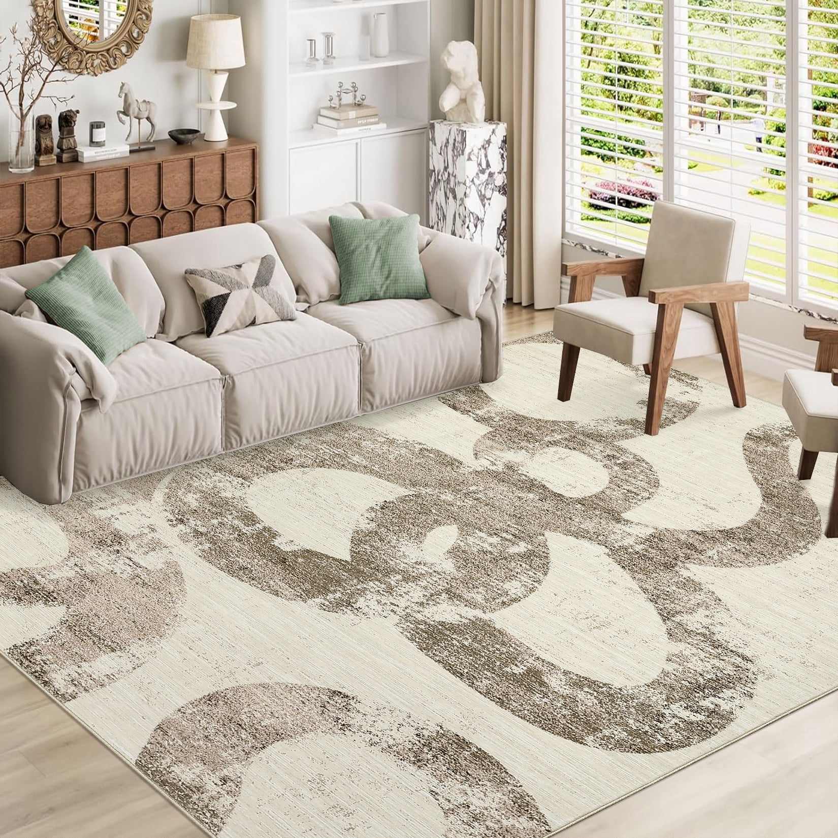 Hasoo 9' x 12' Modern Washable Indoor Rug for Living Room Soft Abstract Geometric Line Area Rug Non Slip Stain Resistant Brown Carpet