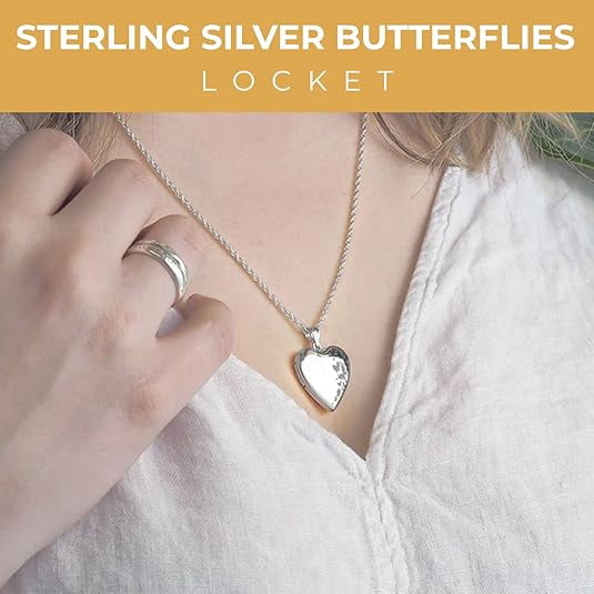 Personalized Sterling Silver Butterflies Heart Photo Locket Necklace for Women - 3/4 inch x 3/4 inch, Sterling Silver, Locket Only