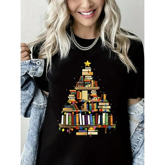 Merry Christmas T-Shirt Bookshelf Christmas Tree Graphic Casual Short Sleeve Shirt for Women