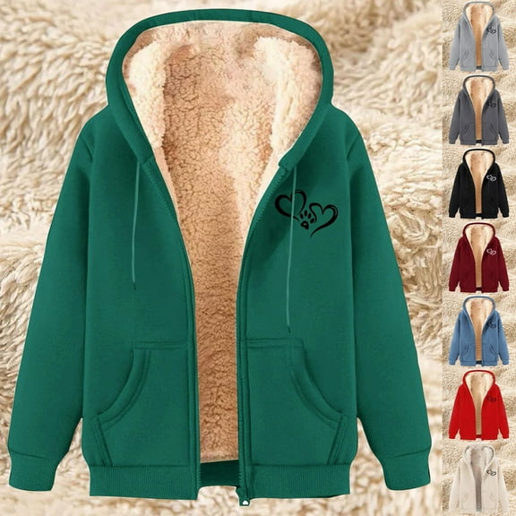 Aboser Sherpa Lined Fleece Jacket Women Zip Up Hoodie Sweatshirt Cute Heart Printed Jackets Warm Winter Coats Long Sleeve Plush Outerwear with Pockets