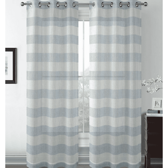 Metallic Semi Sheer Rugby Striped Grommet Top Window Curtains - Assorted Colors