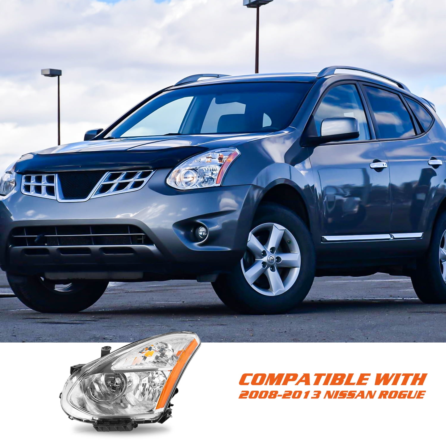 Chrome Headlights Assembly Amber Corner Headlamps Set For 2008-2013 Nissan Rogue