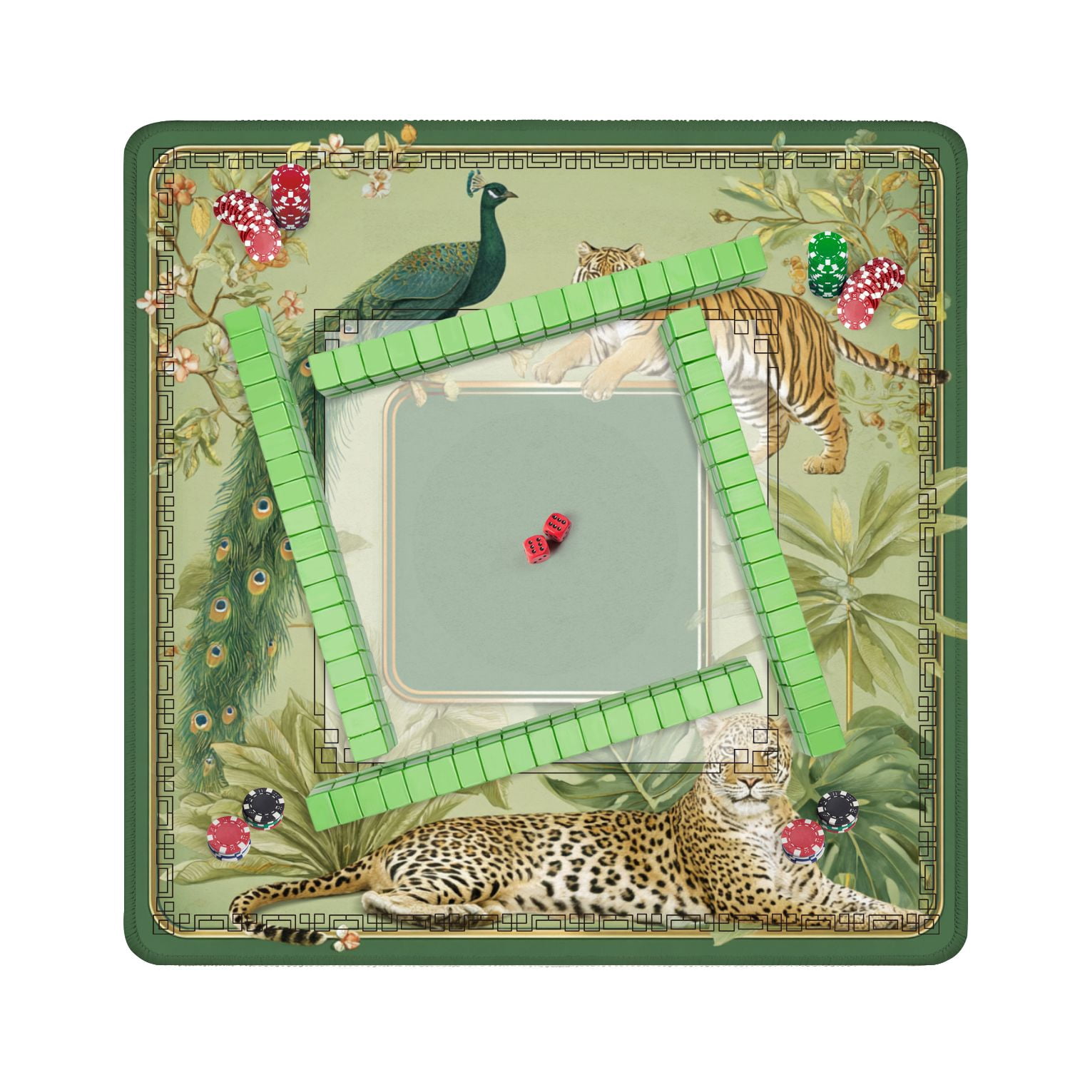 Mahjong Mat 31.5" x 31.5" Jungle Tiger Leopard Peacock Non-Slip Noise Reduction American Mahjong Tiles Table Cover for Dominoes Poker Card Board Games Gift