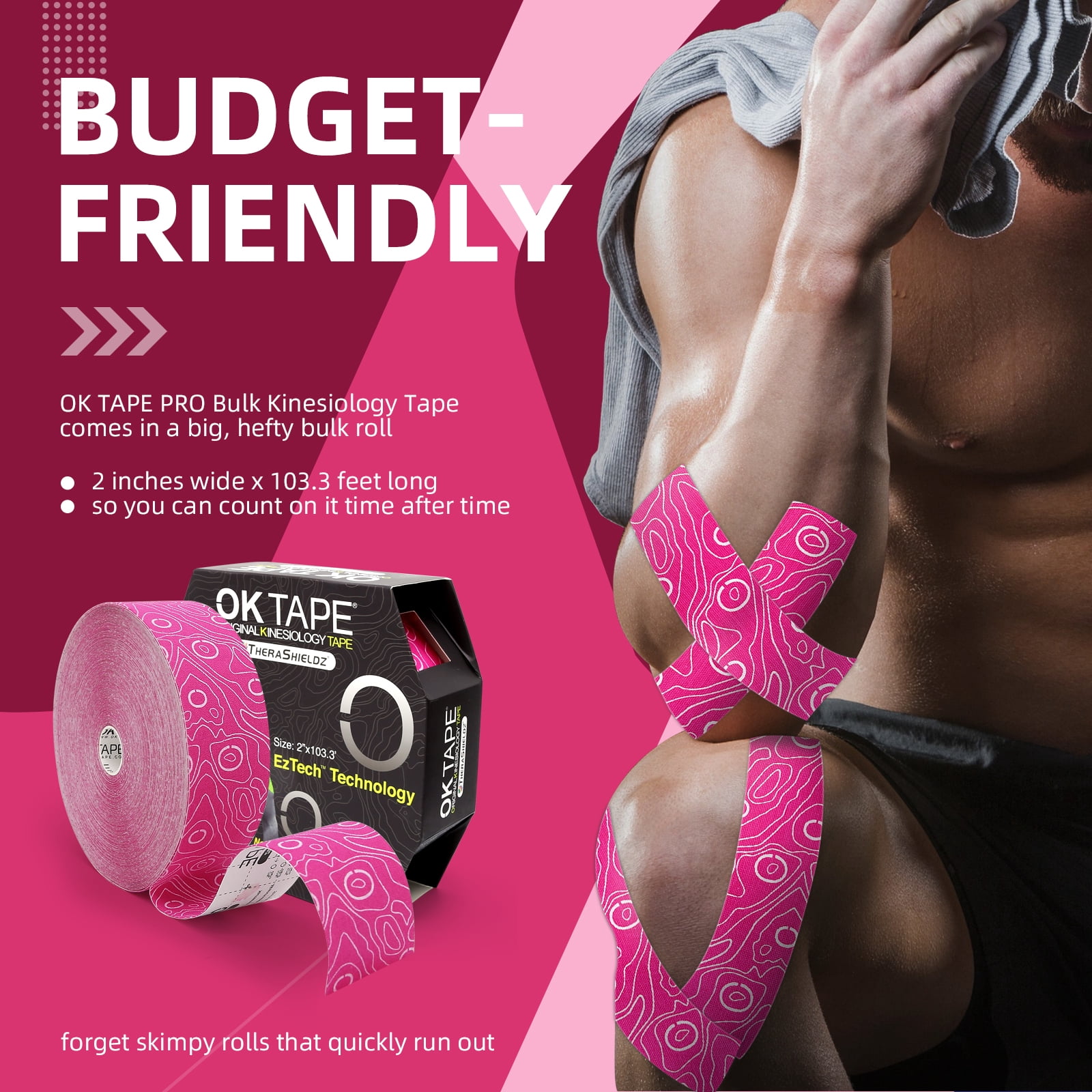OK TAPE Kinesiology Tape Bulk 103Feet, Pro Adhesive, Water-Resistant k Tape, Elastic Athletic Tape, Latex Free, Uncut, Pink