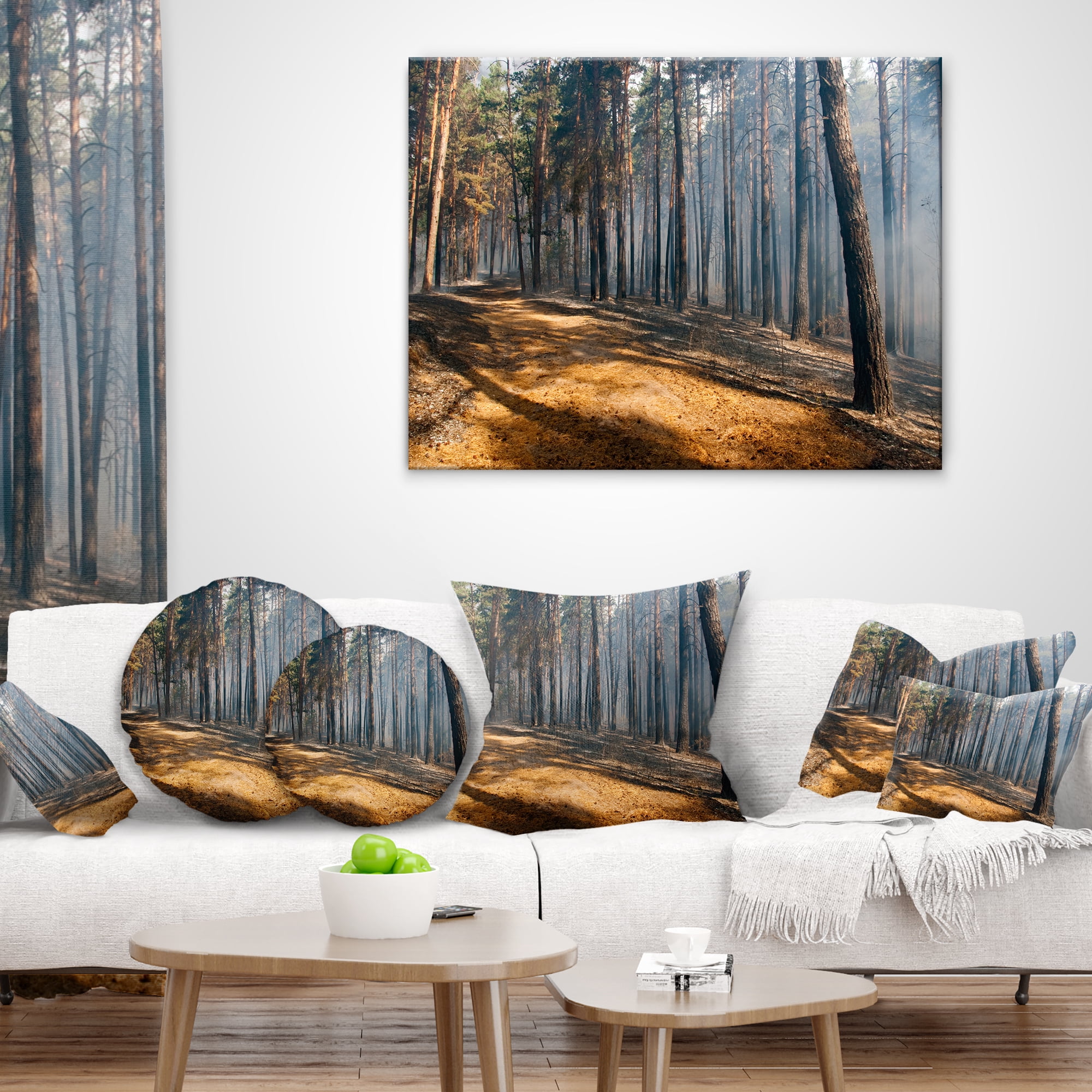 Designart Fire in Forest with Flame and Smoke - Modern Forest Throw Pillow - 18x18