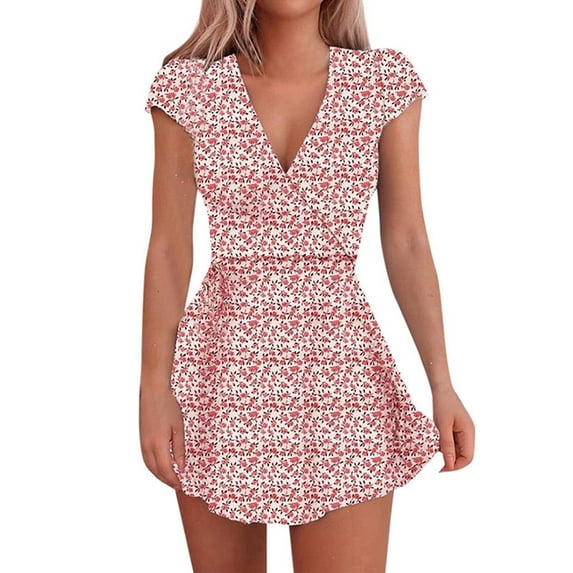 YAGHYAGH Womens Summer Beach Short Sleeve V Neck Floral Mini Dress