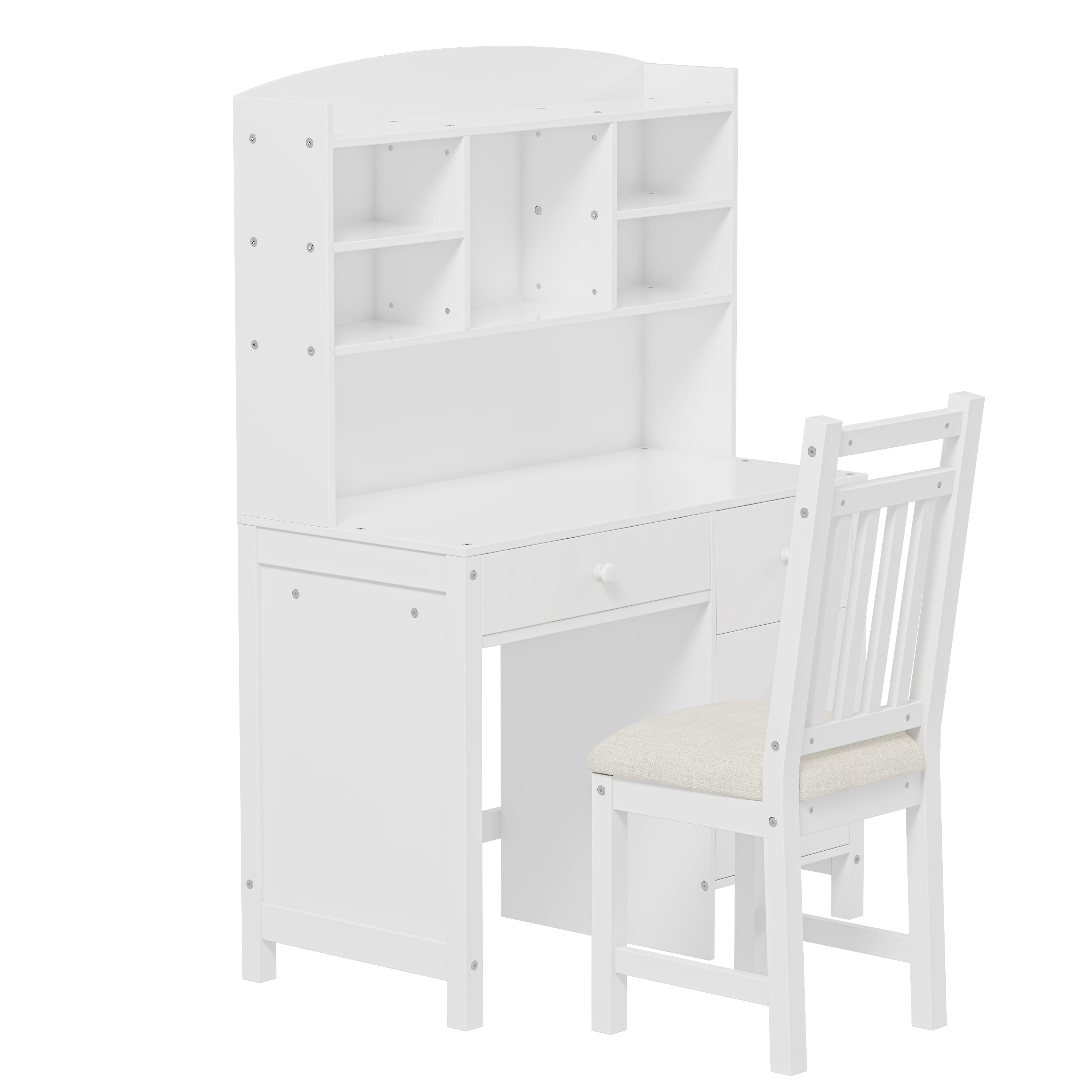 Aukfa 40" Home Office Computer Desk with Hutch, Executive Desk & Upholstered Chair Set with Bookshelf for Study/Bedroom, White